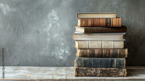 A stack of old books on a wooden table. The books are various shades of brown and have different covers. The background is a grey stone wall.