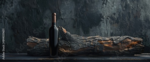A bottle of red wine and an old wooden trunk on a dark background