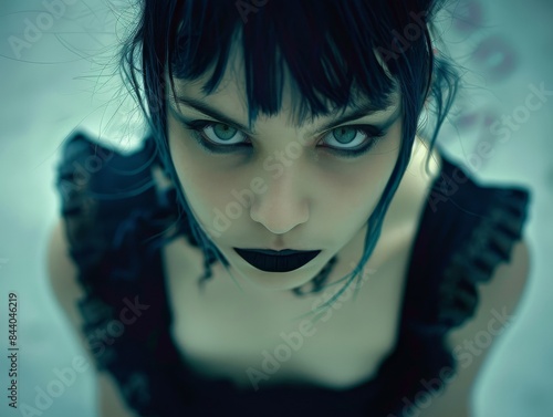 Gothic lola, black hair, bangs, short hair, hair buns, green eyes, black mascara, black lipstick, black blouse, black mini skirt, ruffles, white shoulder blades