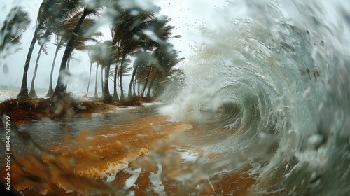 Dynamic underwater view of wave curling with tropical palms swaying in the stormy weather