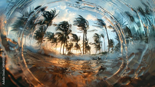 An impressive circular viewpoint through a wave during sunset with silhouette palms