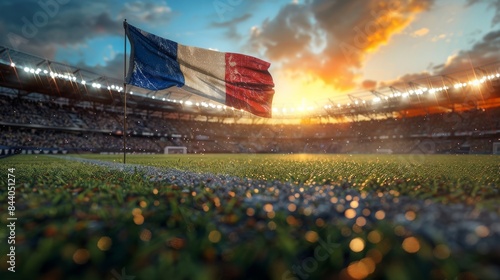 A French flag proudly waves in a sports stadium with a sunset backdrop, symbolizing national pride and sportsmanship