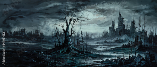 Dark and somber wasteland with dead trees and in the distance remnants of a dilapidated dystopian city ruins with depressing cold and cloudy desolate horizon.