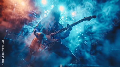 An electric guitar player rocking out on stage with dynamic lighting and dramatic smoke effects