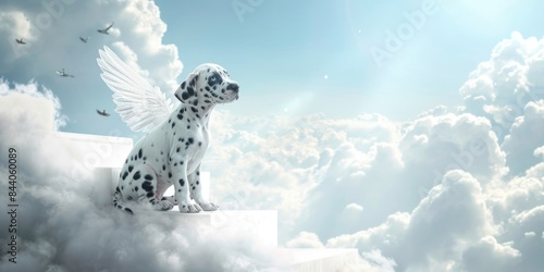 Dolmatian puppy with angel wings on clouds in paradise. The concept of rest in peace. Pets passing away 
