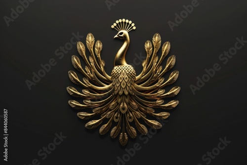 A close-up image of a gold peacock brooch set against a black background, featuring intricate details and ornate design