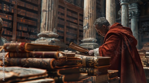 The old monk is taking care of and paraphrasing a beautiful old manuscript, decorated with many colors and golden fibers. The scene takes place inside a towering ancient library with Greek columns. 