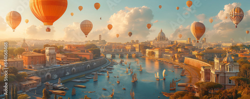 Whimsical cityscape with hot air balloons