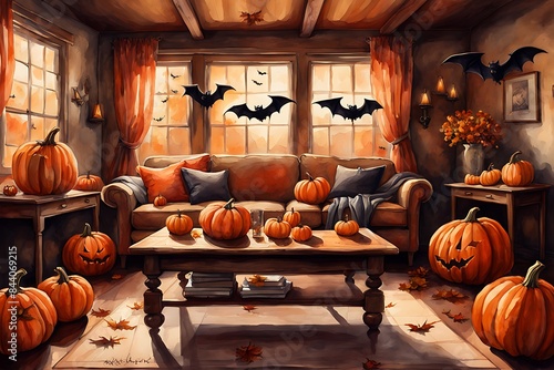  Living room decorated with pumpkins and bats design. 