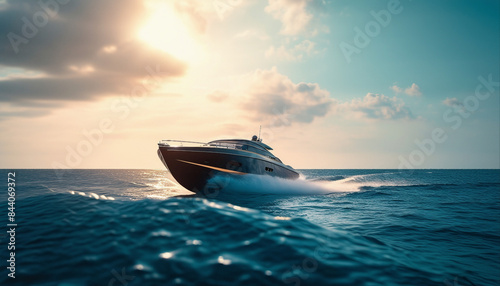 Luxury Speed Boat Sailing on Open Sea at Sunset