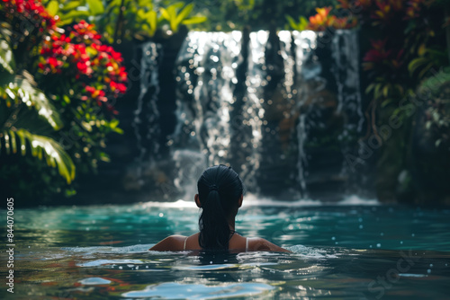 Woman swimming towards tropical waterfall