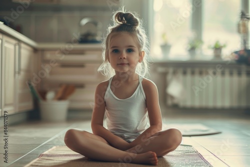A young child sitting on the floor with legs crossed, in a calm and relaxed posture