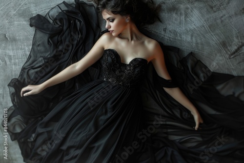 A woman in a black dress is lying down, possibly in a mourning or melancholic state