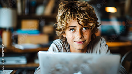 Jeune garçon souriant devant un ordinateur portable