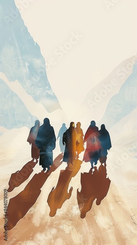 A group of people traveling through a desert landscape with mountains in the background