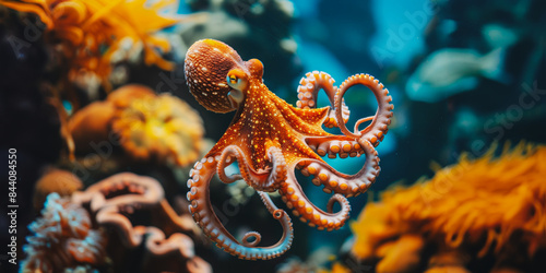 Colorful octopus in coral reef, underwater photography