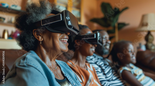Family members reuniting through a virtual reality headset, immersed in a shared digital environment