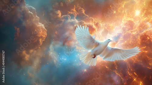 A radiant image of the Holy Spirit descending like a dove, symbolizing peace and divine presence