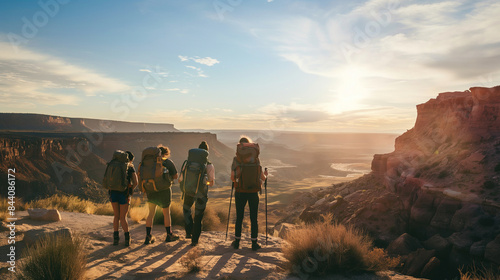 A group of hikers pausing at a scenic overlook, taking in the expansive view of a desert landscape as the sun sets, casting long shadows and a warm glow