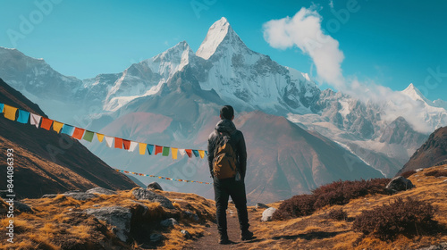A solo traveler trekking to the summit of Mount Everest Base Camp in Nepal, with snow-capped peaks, rugged terrain, and prayer flags fluttering in the wind