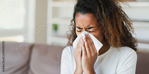 Woman sneezing into tissue at home