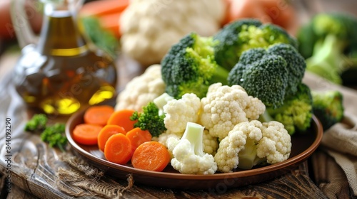 Plate of cauliflower broccoli and carrots with a bottle of oil on a wooden background shown up close