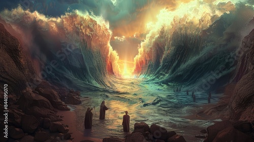 Moses opening the Red Sea in the Exodus part of the Bible, generative ai