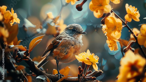 A cute bird perching on a branch, AI Generative.