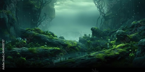 background texture a fantasy forest featuring a large tree and lush green moss, with a body of water in the foreground