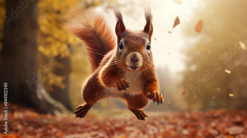 Graceful Leap: A Fiery Red Squirrel Vaulting Through Air, Capturing the Essence of Autumn with its Acorn Treasure Clutched Firmly