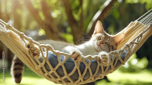 A cat naps peacefully in a hammock on a sunny day, surrounded by lush greenery