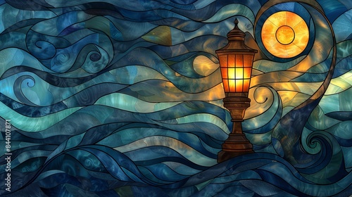 Vibrant stained glass artwork featuring a glowing lamp post amidst swirling blue waves, capturing a serene night scene. 