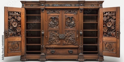 Highly intricate and ornately carved wooden cabinet with open doors revealing multiple shelves, showcasing vintage craftsmanship and elaborate design elements