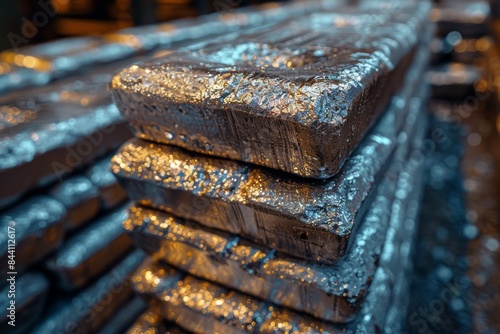 Stacks of metallic industrial ingots positioned in a factory setting, showcasing their shiny and polished surfaces under detailed lighting conditions