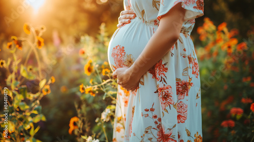 Pregnant Woman in Floral Dress Holding Belly in Sunlit Flower Garden