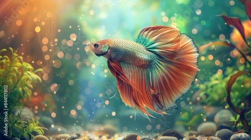 Betta fish in an aquarium, meticulously illustrated to highlight its vivid colors and flowing fins