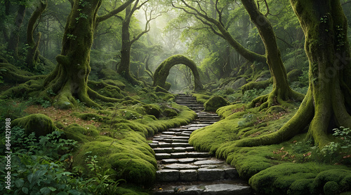 Stone path leading through moss-covered forest with archway. Dense forest landscape with ancient trees and green moss