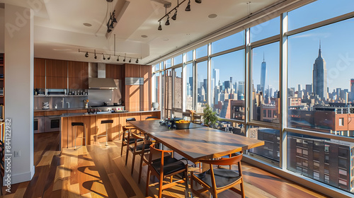 an open kitchen with wood cabinets and dining table in the center. large windows overlooking new york city 