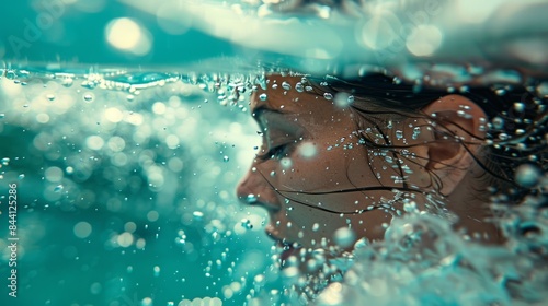Woman swimming underwater with air bubbles around her