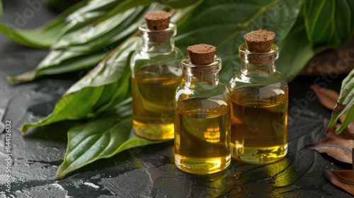 Plantain oil bottles with plantain leaves homeopathic and herbal remedy