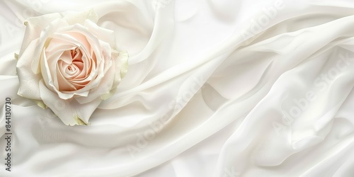A beautiful pink rose lying on a soft white silk fabric