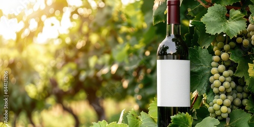 Close-up of a bottle of red wine in a lush vineyard with a blank label ready for your branding or text.
