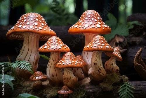 Handmade wooden sculpture of enchanted forest mushrooms in a whimsical and magical fantasy woodland setting. Perfect for a rustic and eco-friendly outdoor scene with a dark. Organic texture
