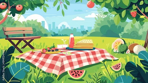 Illustration of a picnic in a park with a checkered blanket and fruit