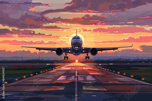 An airplane taking off from an airport runway at sunset, viewed from the front. The airplane is depicted in the style of Claude Monet lifting off down the runway as the sun sets in the background