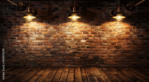 old brick wall background with lamps, brown color, warm light, wood floor, dark background, detailed illustration, high resolution photography, in the style of brown light,