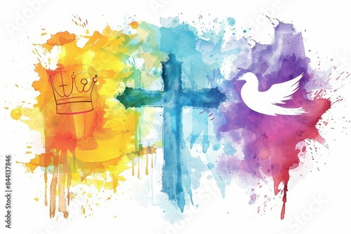 holy trinity symbols on watercolor background religious cross crown and dove illustration