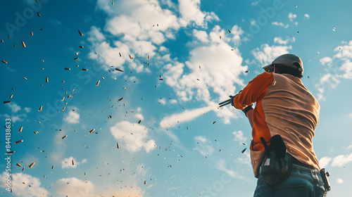 A skeet shooter aims and fires at clay pigeons with precision accuracy in the sky.