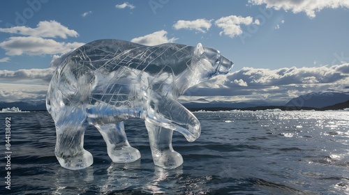 Drowning ice sculpture: An ice sculpture of an animal (such as a polar bear) gradually melting in the hot sun, symbolizing global warming and melting glaciers.