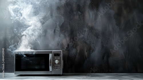 dramatic scene of a microwave with smoke evoking urgency and malfunction